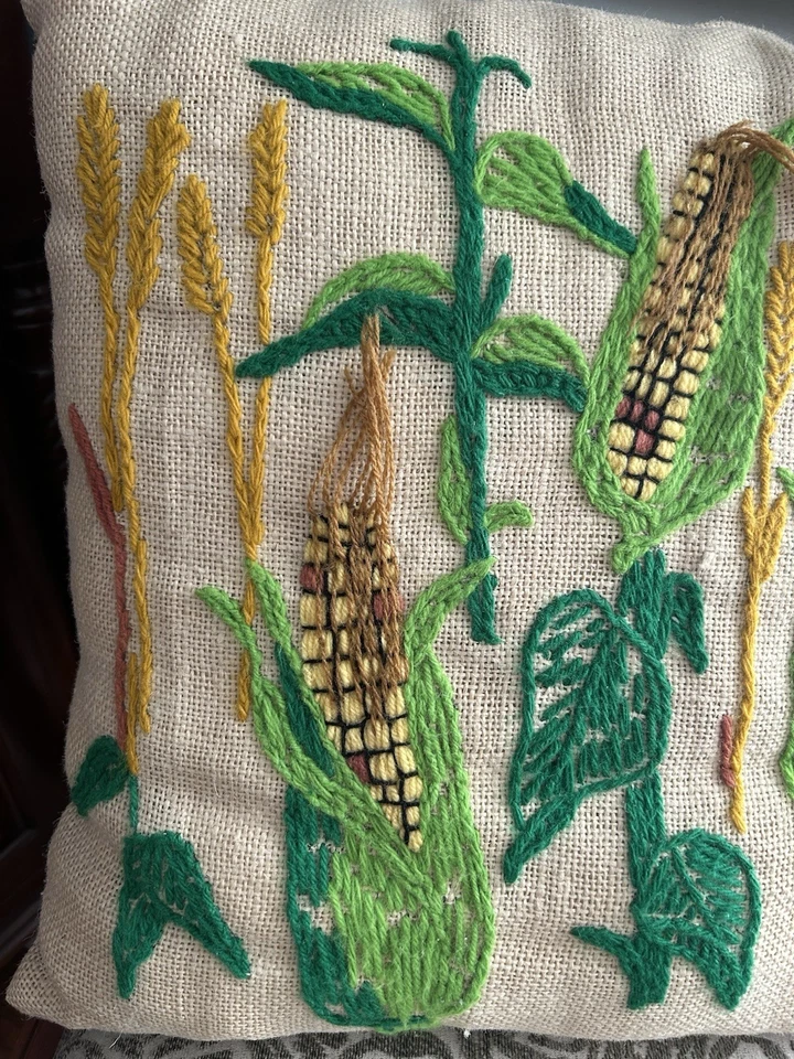 Handsewn Crewel Embroidered Corn Pillow Feed Sack Pillow Cover 15" x 17" - Image 4 of 4