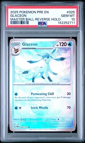 Pokemon Glaceon Prismatic Evolutions Master Ball Reverse Holo #025 PSA 10 Gem