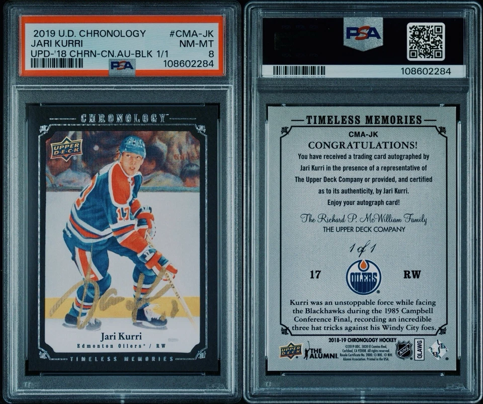 Obra maestra de lona 2018-19 UD Chronology Jari Kurri automática negra 1/1 #CMA-JK PSA 8!!️ Foto 3 de 3