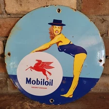 VINTAGE OLD MOBILOIL SOCONY PORCELAIN GAS STATION PUMP SIGN MOBIL MOBILGAS 12"