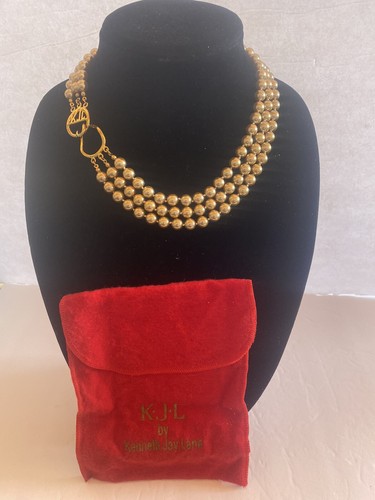 Kenneth J Lane KJL Gold Three Strand Layered Glass Pearl 17” Necklace - Picture 4 of 5