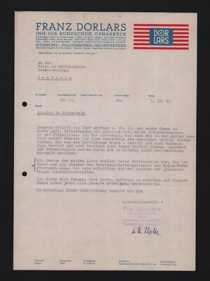 OSNABRÜCK, Brief 1952, Franz Dorlars Sitzmöbel-Polster-Möbel-Vertrieb