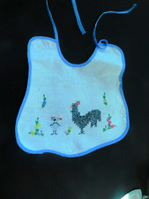Vintage 1960's Handmade Baby Bib Cross Chicken and Baby Chick Blue Trim