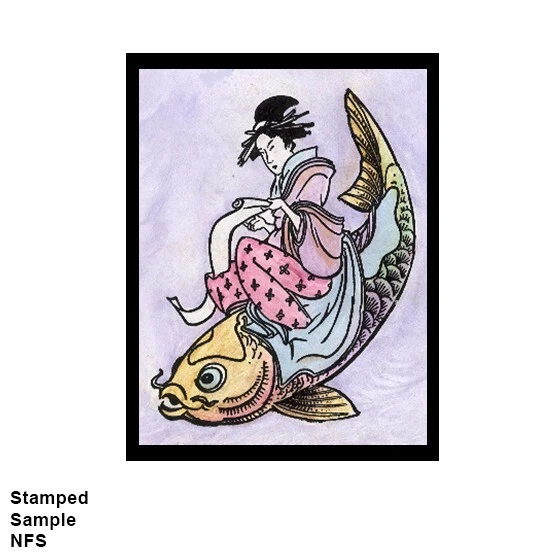 Mounted Rubber Stamp, Geisha Riding Koi Fish, Girl, Kimono, Asian,Japanese,Water - Image 3 of 3