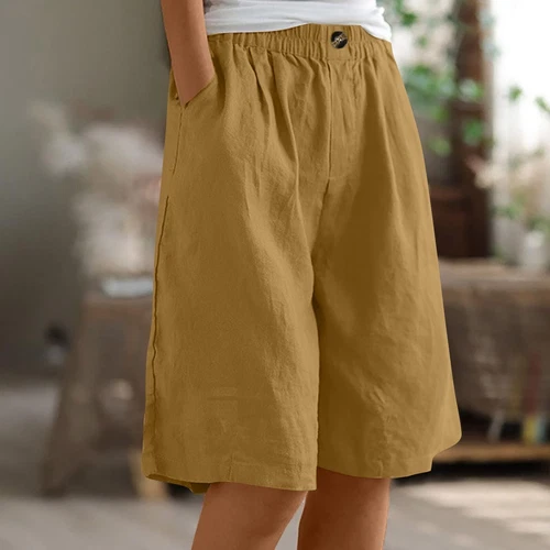 Womens Solid Color Pants Pocket Button Up Capris Loose Elastic Waist Shorts - Bild 46 von 63