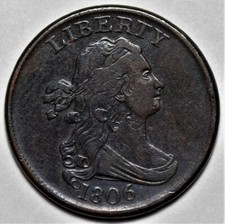 1806 Draped Bust Half Cent - Small 6/Stemless - Rotated Die - 1/2c Copper Coin