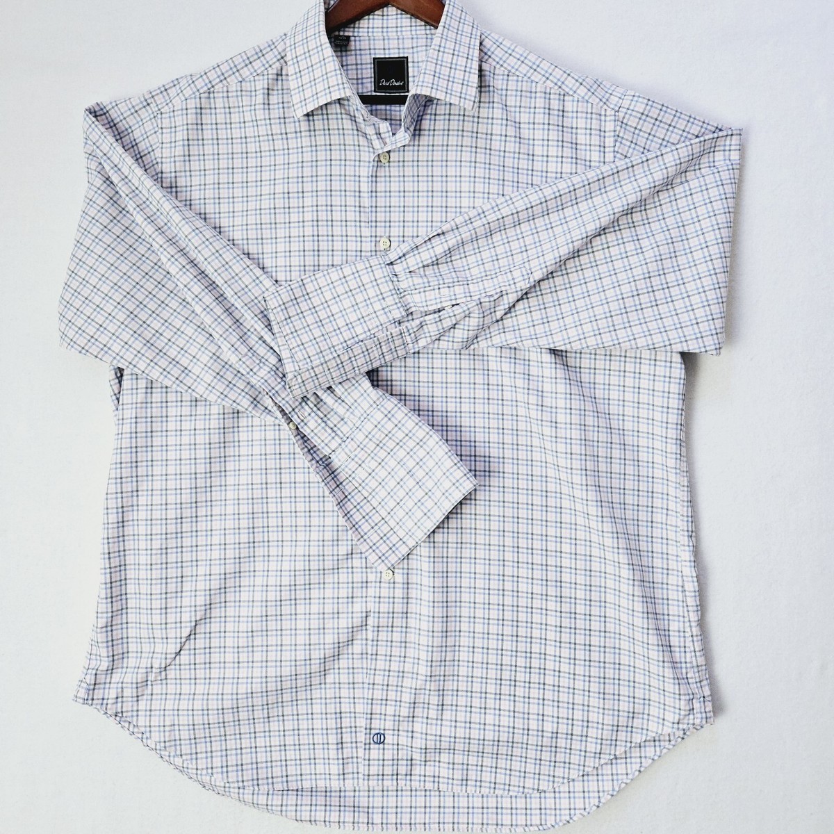 david donahue french cuff dress shirts David Donahue 15.5 34/35 Trim Fit French Cuff Dress Shirt Blue White Plaid