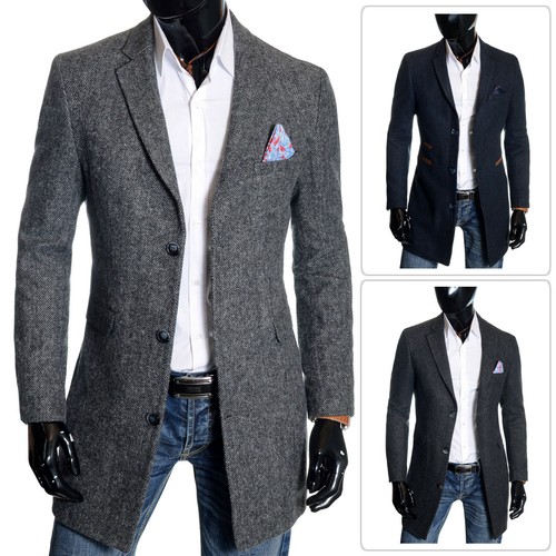 Men's Slim Fit Coat 3/4 Long Tweed Wool 