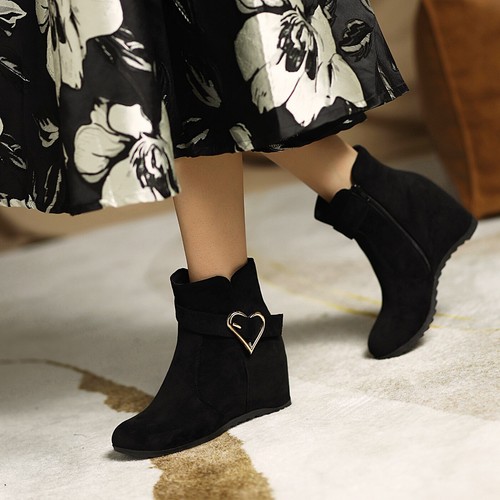 Women's Hidden Wedge Heel Shoes Love Buckle Faux Suede Round Toe Zip Ankle Boots - Picture 13 of 26