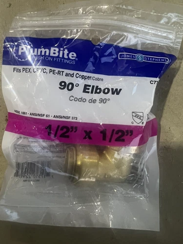 PlumBite JonesStephens C77425LF 1/2" X 1/2" Lead Free Push On 90 DEG ELBOW NISP  - Picture 1 of 3