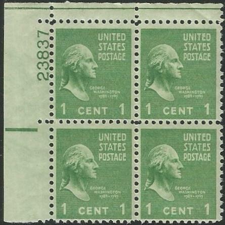 Plate Block of 4 stamps - Scott 804 - 1 cent - George Washington - 1938 - MNH - Picture 1 of 1