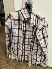  Large Mens Express Dress Shirt Pink Plaid Fitted 16 16.5