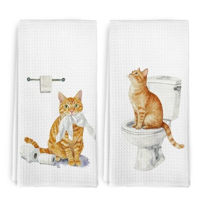 2 PCS Funny Orange Tabby Cat Dish Tea Hand Towels Bathroom Kitchen 16x24 In