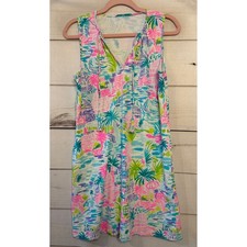 Lilly Pulitzer Sleeveless Tunic Dress Beach Scene Print Tassel Tie Neck Size S