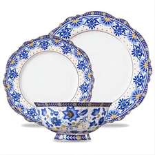 12-Piece Bone China Dinnerware Set, Blue and White Vintage Floral Dinnerware ...