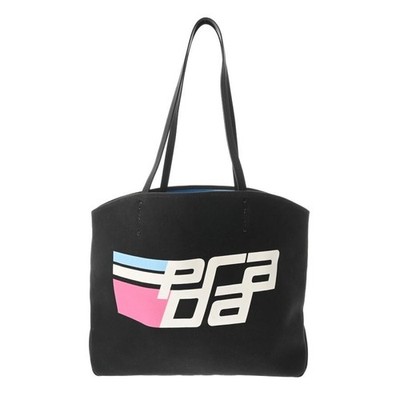 Prada 1BG220 Black Canvas Tote Bag Shoulder Pouch Silver Hardware Auth