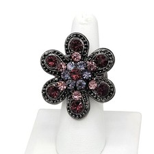 Gunmetal Colored Floral Flower Stretch Ring Pink Red Silver Beads Fits 6-9 Sizes