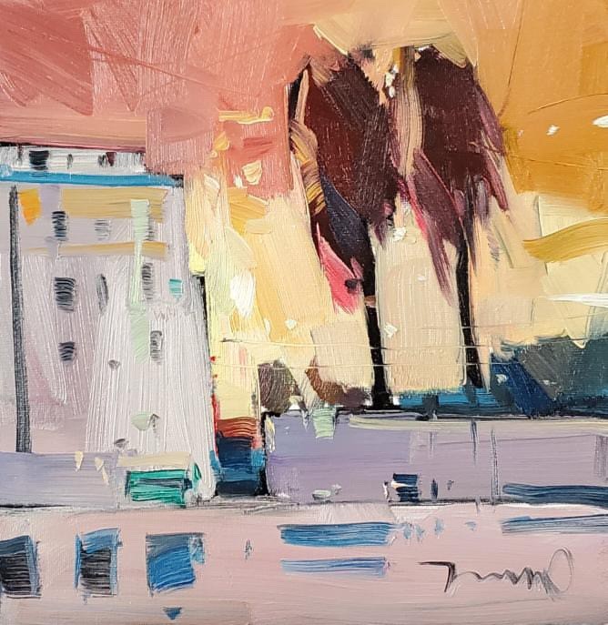 Impressionist Artist Jose TRUJILLO Palm Trees City PRINT of Oil Painting 12x12