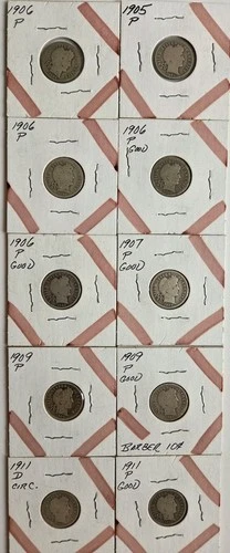 10 Lot Barber Dimes  1905-1911 90% US Silver Coins