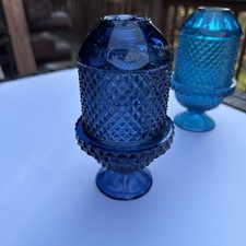 Viking Glass Charcoal Blue Diamond Point Fairy Lamp Two Piece HTF COLOR *READ*