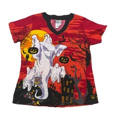 UA Scrubs M Halloween Womens Scrub Top Ghost Pumpkins Black Bats Owl