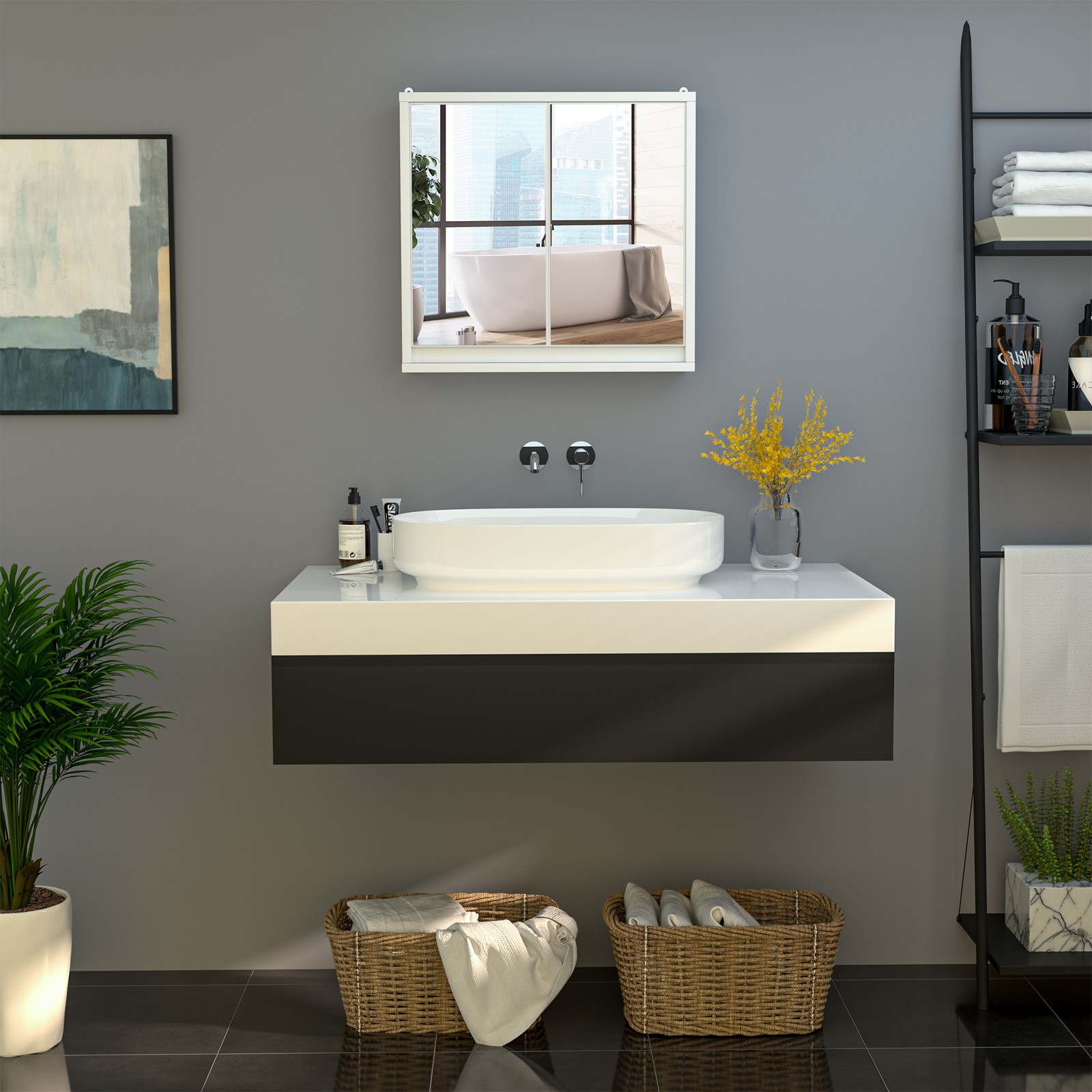 Wall Mounted Mirror Cabinet w/ Storage Shelf Bathroom Cupboard Double Door White