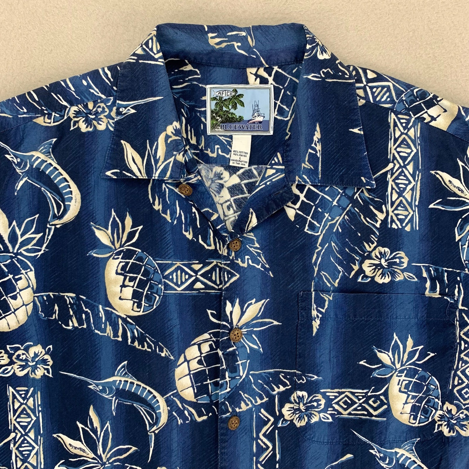 AFTCO Bluewater Camp Shirt Mens Blue Pineapple Swordfish AOP Aloha USA Rayon
