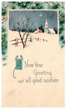 Vintage Postcard New Year Greetings Winter Church Scene