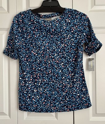 Style & Co Wildflower Blue Floral Multi Top Elbow Cuff Sleeve Size M/XL Pullon