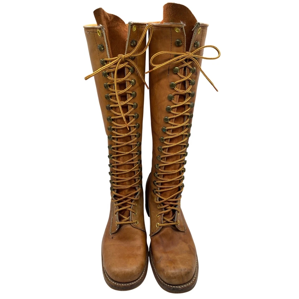 Botas Frye Vintage Años 70 Cuero Marrón Hasta la Rodilla Campus Con Cordones Para Mujer Talla 7 Foto 2 de 4