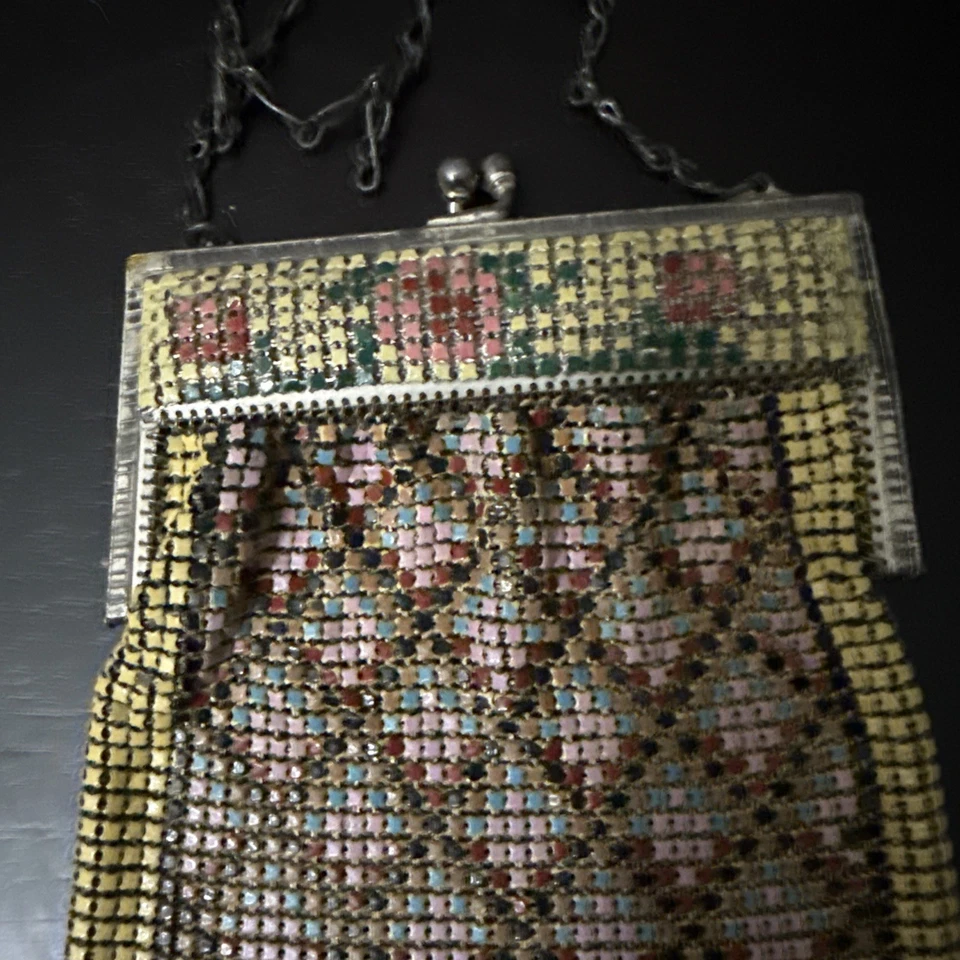 ANTIGUO BOLSO DE MANO DE MALLA MONEDERO ESMALTE INCRUSTACIÓN WHITING & DAVIS ART DECO Foto 4 de 4