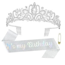 Birthday Crown for Women - Tiara, Headband, Sash, Queen Tiara - Perfect Silver