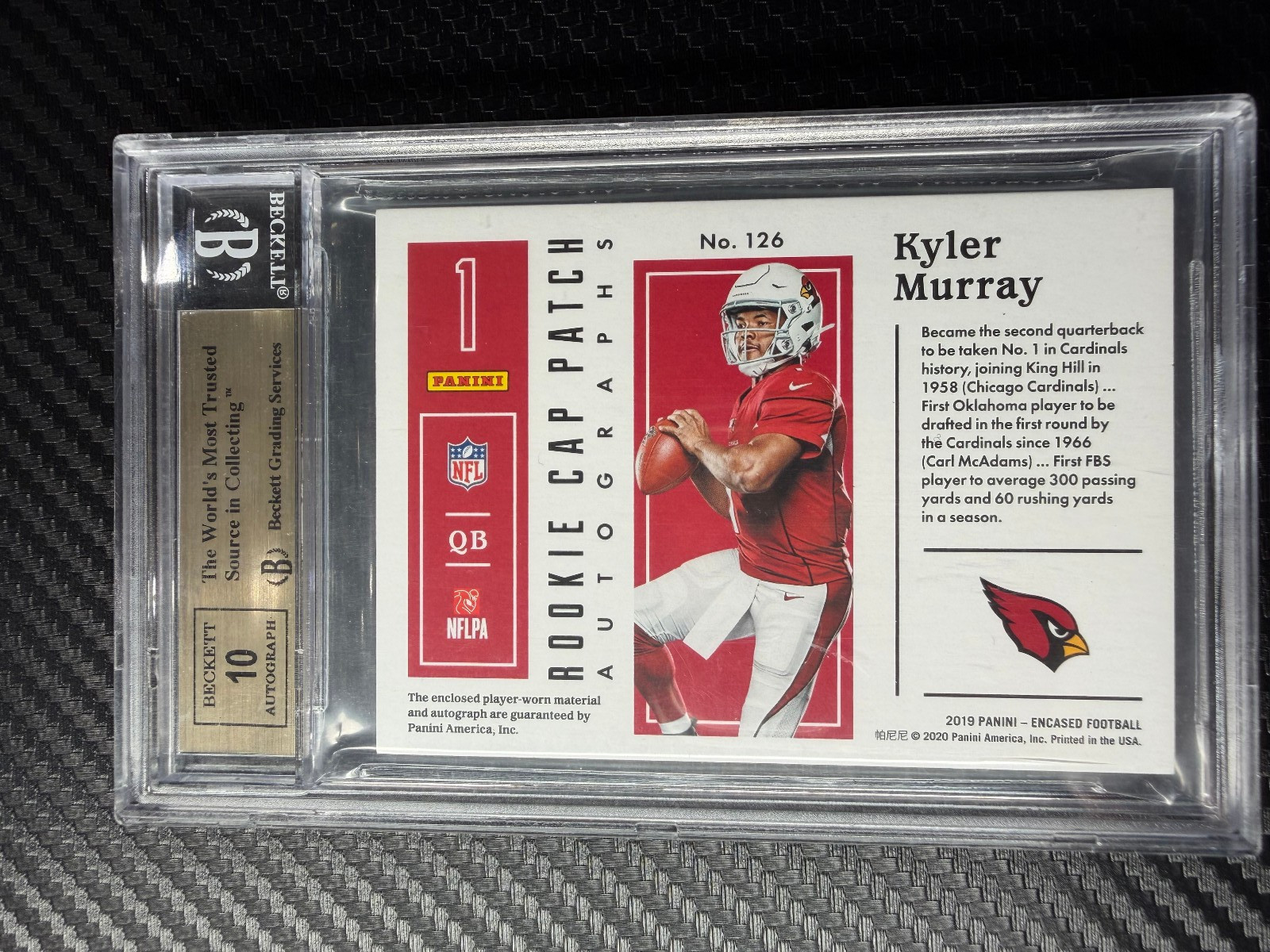 2019 Panini Encased Sapphire Kyler Murray Rookie Cap Patch Auto 04/25 BGS 9.5 view 3