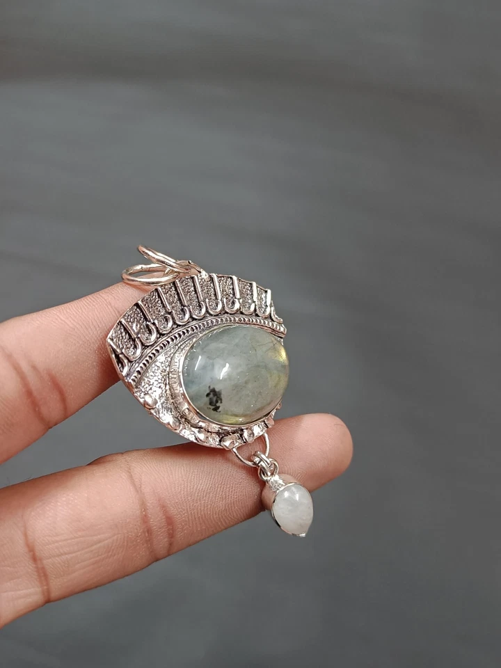 Handmade Labradorite and Moonstone Pendant Sterling Silver Pendant Gift for Her - Image 2 of 4