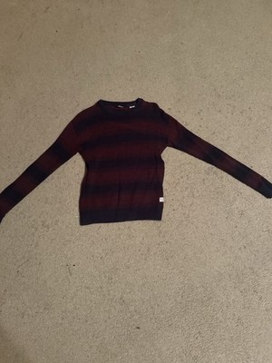 JACK & JONES Men's M Burgundy/Black Striped Knit Crew Neck Pullover Sweater
