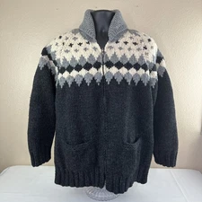 Vtg 60s Cowichan Sweater Cardigan Shawl Collar Hand Knit Diamonds Mns L Wmns XL