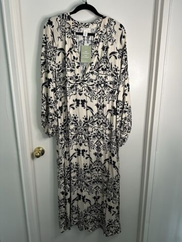 NWT H&M Ecru White Black Print Balloon Sleeve Maxi Kaftan Dress Sz S