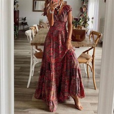 Women's Dress Summer Beach Holiday Boho Maxi V Neck Ladies  Floral Sundress NEW-