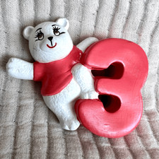 Three Year Old Ceramic Teddy Bear Cake Topper White and Red
