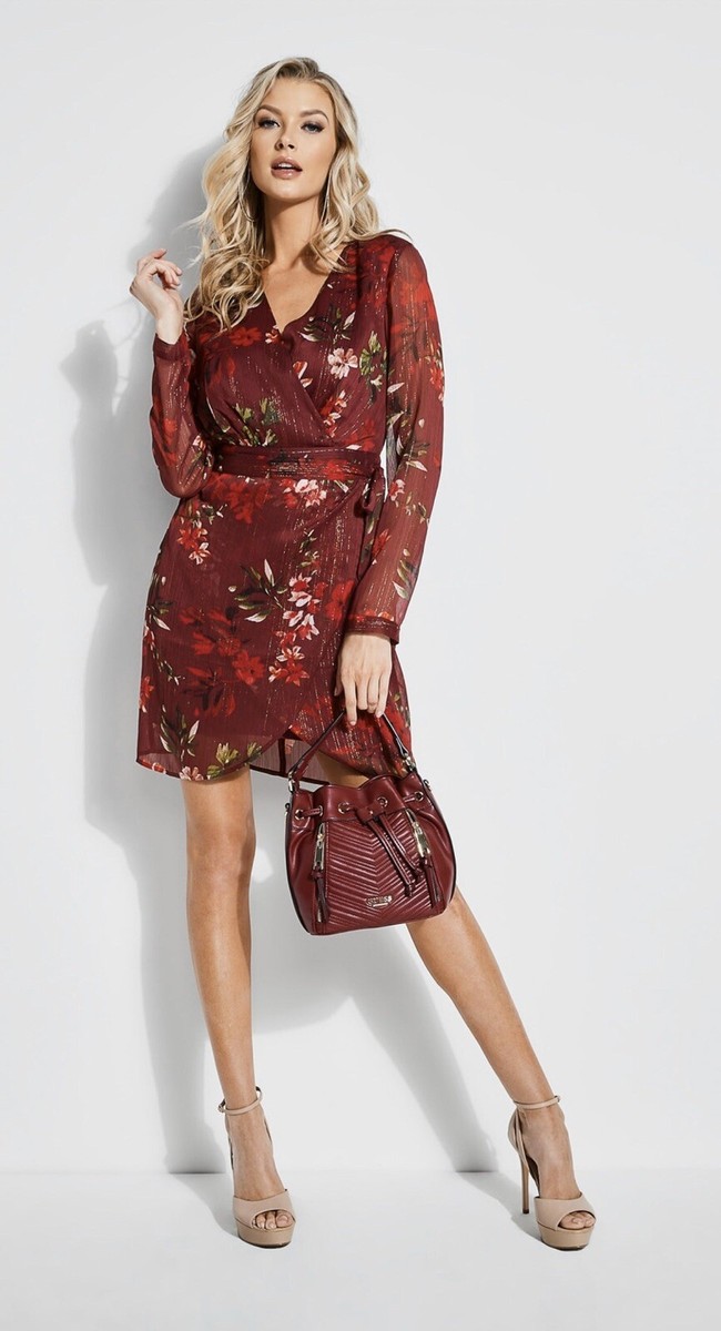 Guess Women's LS Camilla Dress, Plumeria Floral Garnet Wine Size 0 MSRP $108 NWT | eBay