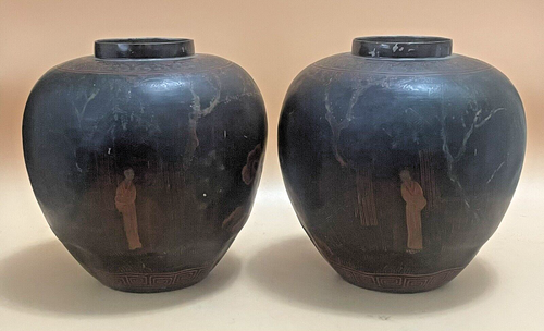 Coppia di specchi antichi vasi in peltro dipinti lacca epoca Qing cinesi antichi - corte donna - Foto 3 di 24