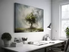 Majestic Lone Oak in a Misty Landscape Wall Art Canvas Unframed Print Art