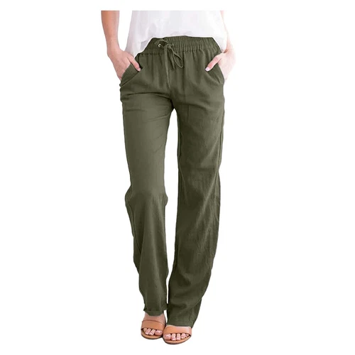 Damen Gerade Elastische Taille Hose Kordelzug Baumwolle Leinen Freizeit Lockere Hose - Bild 15 von 43
