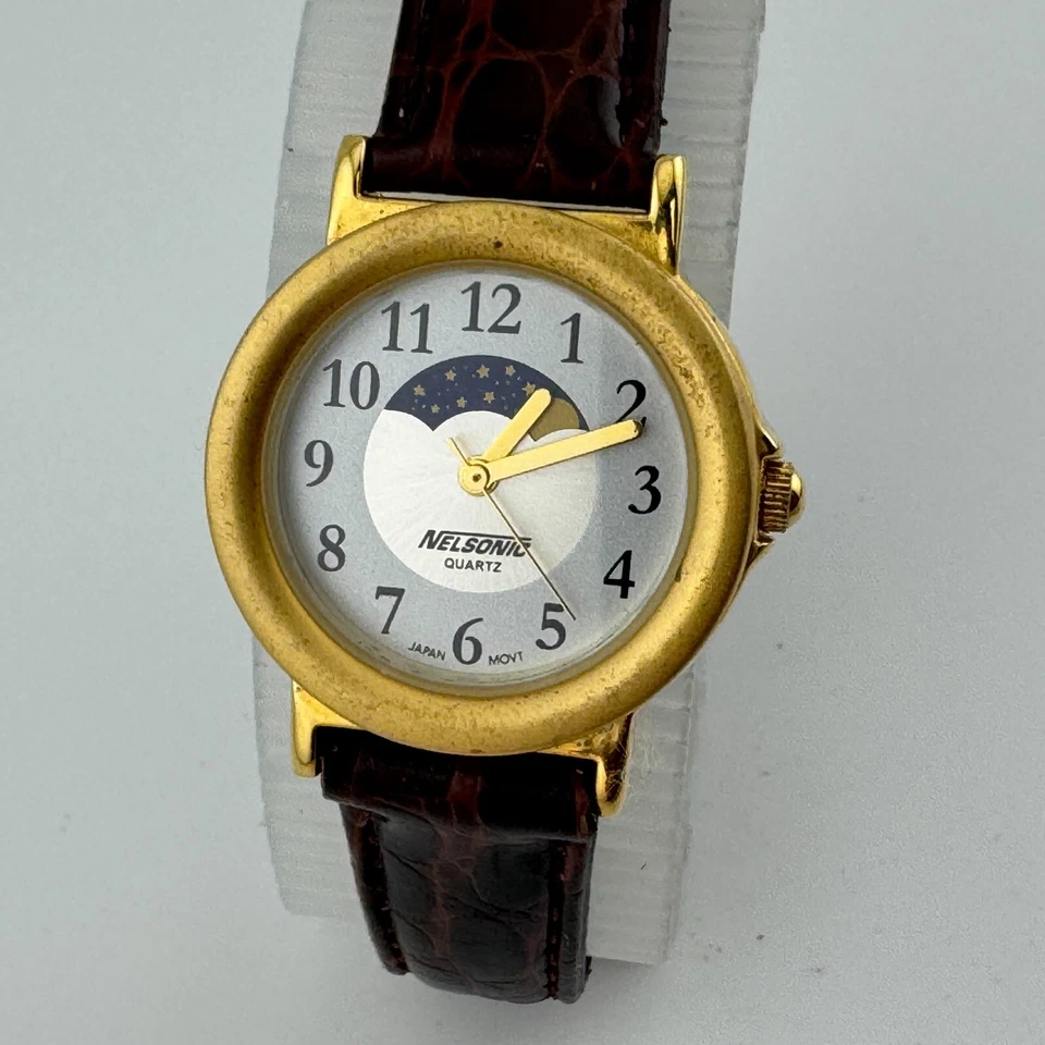 Reloj de Cuarzo Nelsonic Mujer Fase Lunar Tono Dorado Cuero Analógico Batería Nueva De Colección Foto 2 de 4