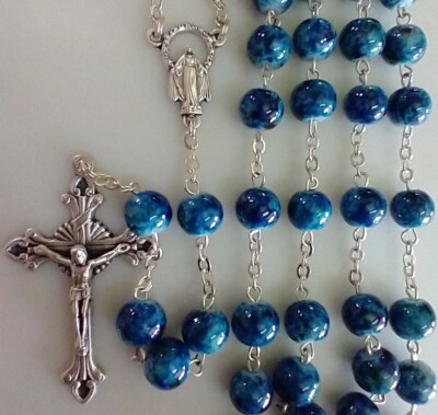 Catholic 8mm Blue Glass 5 Decade Rosary Silver Tone Crucifix, Italy FS