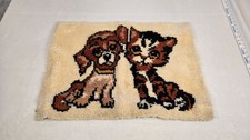 Vintage Sad Eye Dog  Cat Latch Hook Rug Finished Wall Hanging 20" x 26" Decor