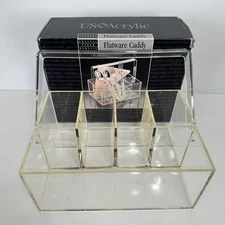Vintage MCM US Acrylic Flatware Caddy Crystal Clear Acrylic Organizer Handle