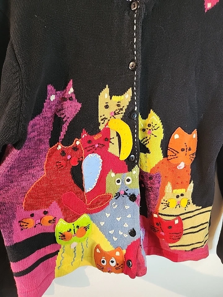 Cárdigan Suéter Vintage Años 90 Terazzo Rosa Gato Art Deco Coches Moderno Grande Foto 2 de 4