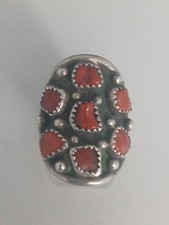 SIGNED D STERLING  vintage Navajo red coral rain beads ring size 8.5 8.8 grams 