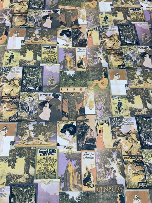 Vtg 70s Dressmaker Fabrics Inc Art Nouveau Collage Fabric smooth poly tricot